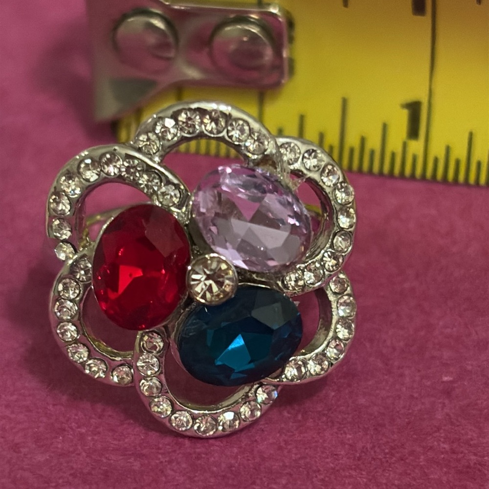 Size 7..75 vintage ring with red green and lpurple GEM stones in Silvertone